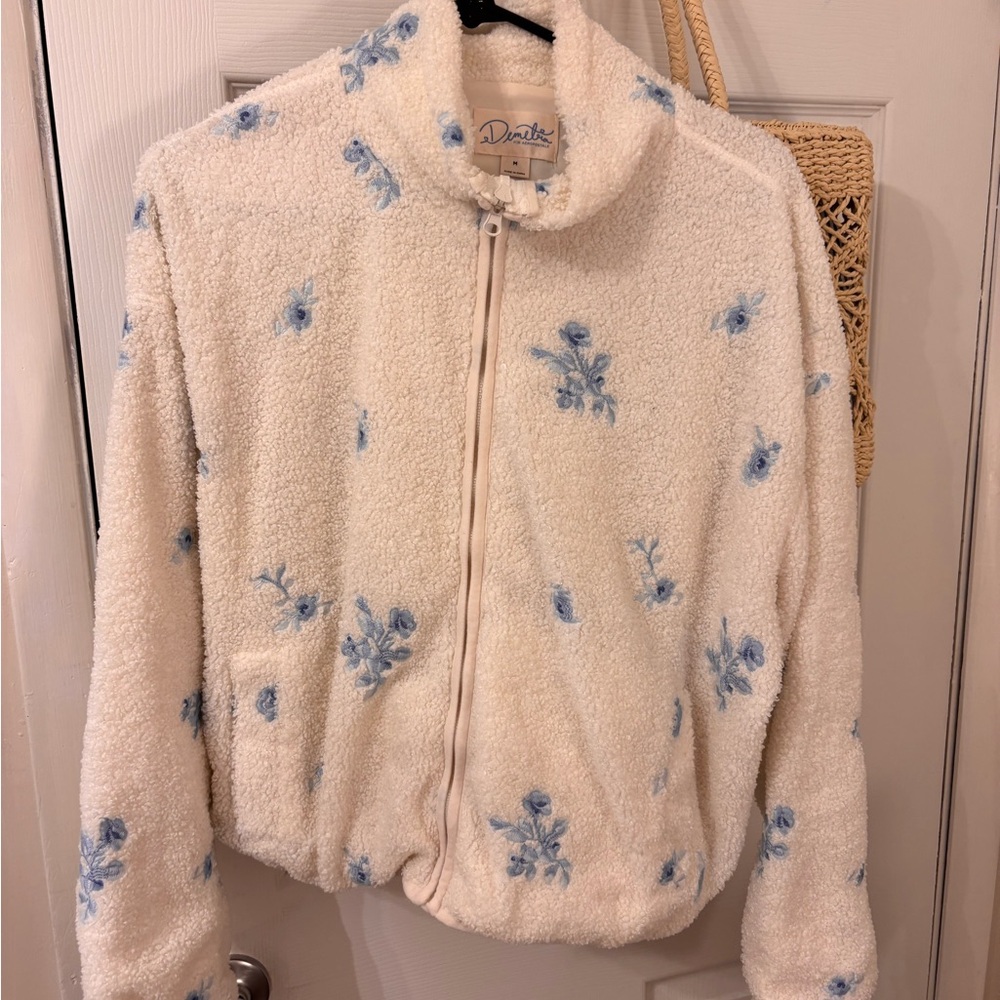 Aeropostale Cream Sherpa Jacket with Light Blue Floral Embroidery